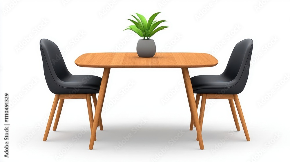 Fototapeta premium A photostock of a stylish dining table set with chairs and minimalist decor, isolated on a white background for interior design projects. High Quality