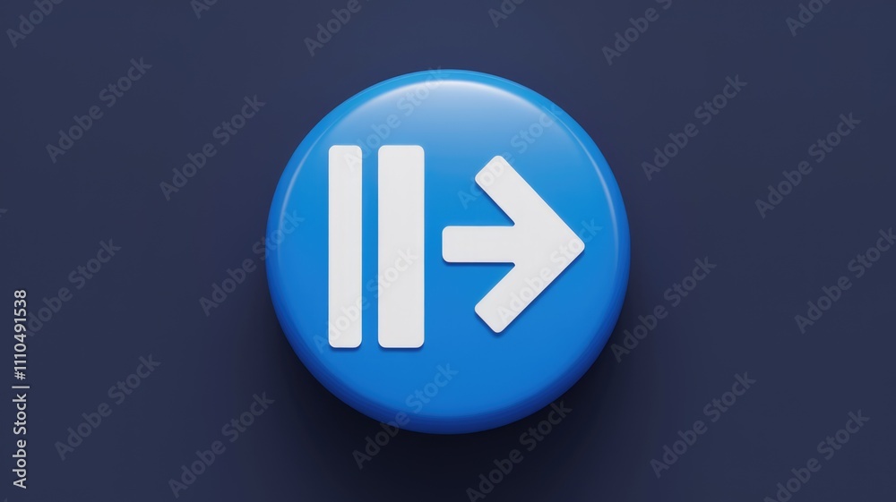 Blue circle button with white pause and right arrow icon symbolizing pausing and moving forward. Blue circle button with white pause and right arrow icon symbolizing pausing and moving forward.