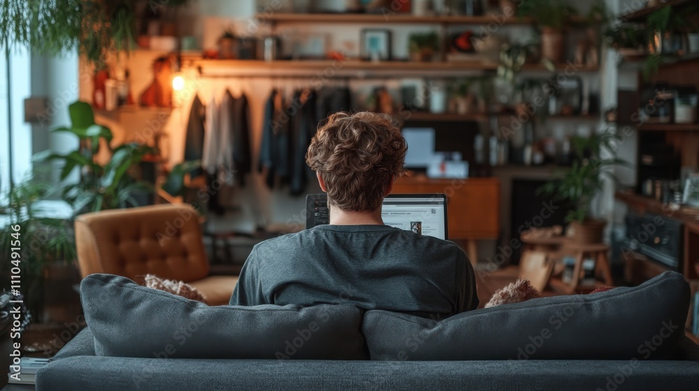 Man working on laptop from stylish home office with modern interior decor. Remote work, productivity, cozy setting, plants, comfortable workspace, lifestyle inspiration, creativity. Man working on laptop from stylish home office with modern interior decor. Remote work, productivity, cozy setting, plants, comfortable workspace, lifestyle inspiration, creativity.