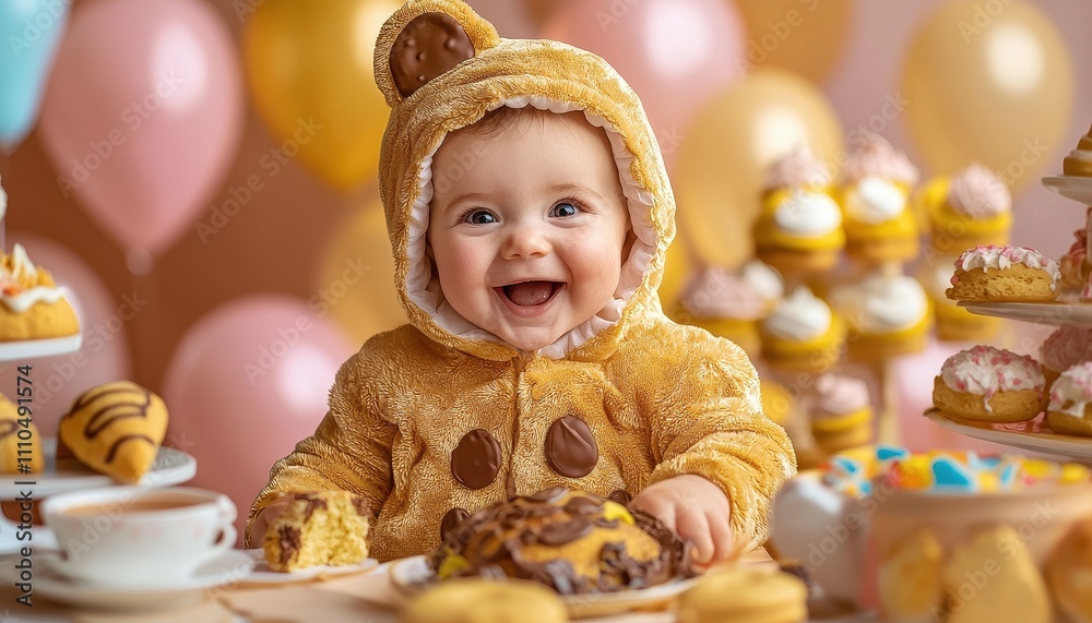 Joyful Infant in Adorable Biscuit Costume Surrounded by Sweet Treats and Colorful Balloons Joyful Infant in Adorable Biscuit Costume Surrounded by Sweet Treats and Colorful Balloons