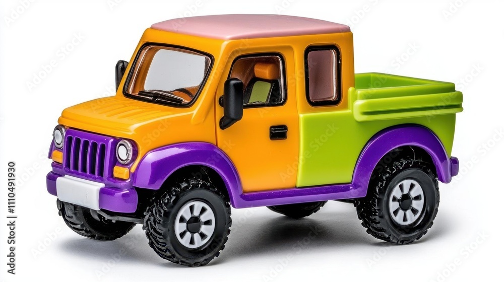 A photostock of a toy food truck in vibrant colors, isolated on a white background, styled for transportation and mobile business concepts. High Quality A photostock of a toy food truck in vibrant colors, isolated on a white background, styled for transportation and mobile business concepts. High Quality