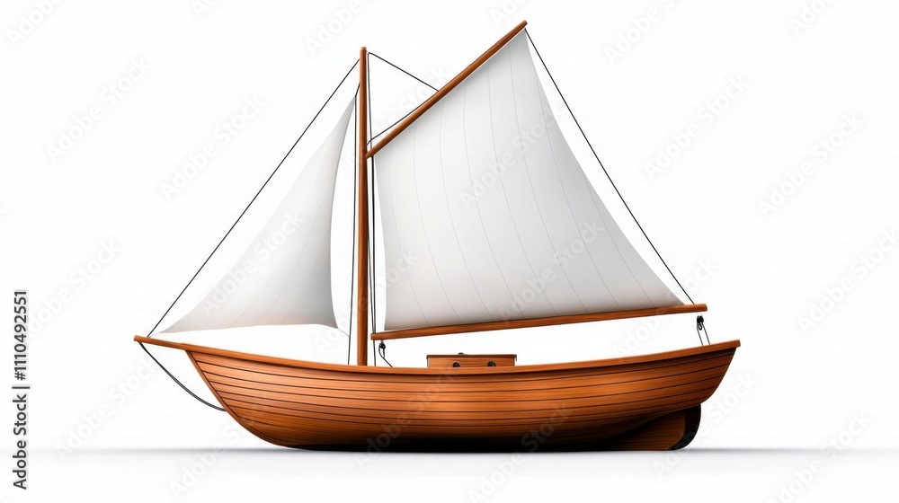 Obraz premium A photostock of a vintage wooden sailboat with a white sail, isolated on a clean white background for nautical or travel themes. High Quality