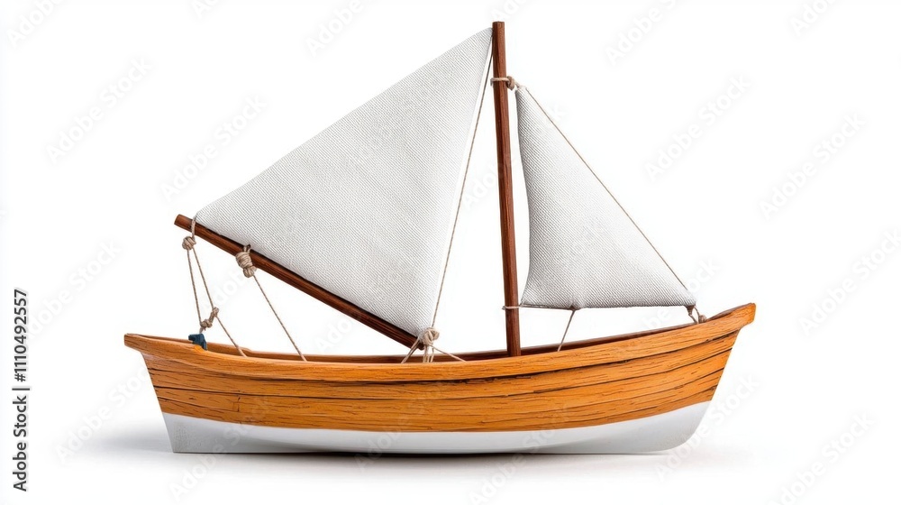 Obraz premium A photostock of a vintage wooden sailboat with a white sail, isolated on a clean white background for nautical or travel themes. High Quality