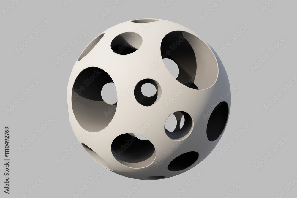 Abstract 3D render of a white sphere with many interconnected circular holes. Abstract 3D render of a white sphere with many interconnected circular holes.
