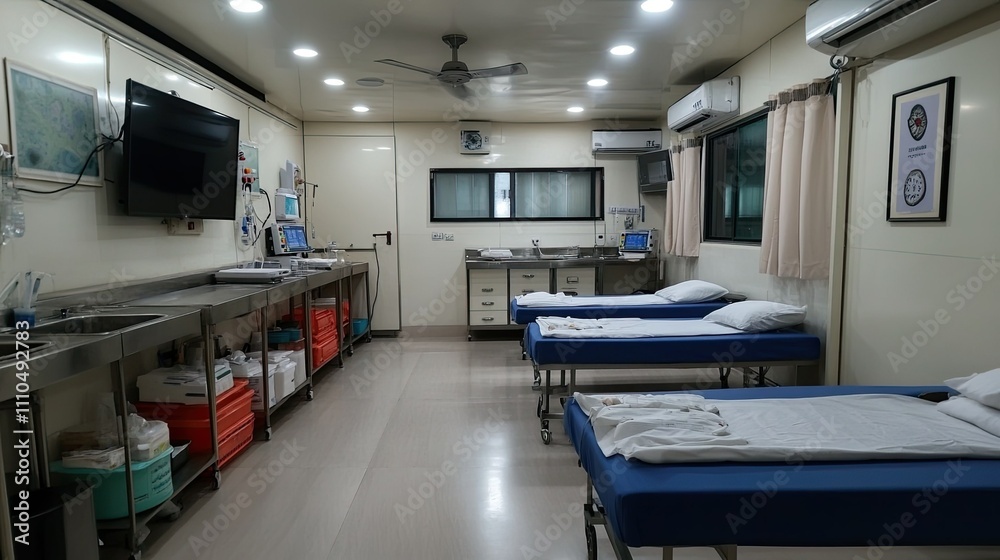 An intensive care unit (ICU) at a contemporary Indian hospital with plenty of equipment An intensive care unit (ICU) at a contemporary Indian hospital with plenty of equipment