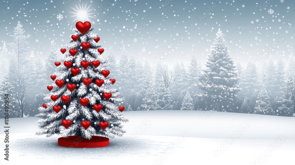 Festively Adorned Christmas Tree with Red Hearts in a Snowy Winter Landscape Surrounded by Trees and Beautiful Snowflakes Falling Gently Festively Adorned Christmas Tree with Red Hearts in a Snowy Winter Landscape Surrounded by Trees and Beautiful Snowflakes Falling Gently