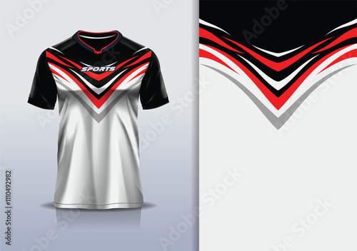 T-shirt mockup abstract curve line jersey design for football, soccer, racing, esports, running, in black white red color