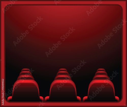 Empty red cinema seats facing big screen
