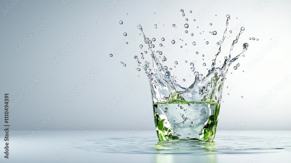 A photostock of clear water splashes with bubbles, dynamically captured on a white background for fresh and clean concepts. High Quality A photostock of clear water splashes with bubbles, dynamically captured on a white background for fresh and clean concepts. High Quality