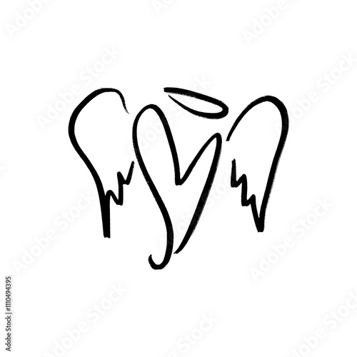 Black grunge brush vector hand drawn symbol cute heart with wings and nimbus illustration clip-art winged angel. Love Valentine symbol. Decor element for logo, label, emblem, poster, postcard, nail