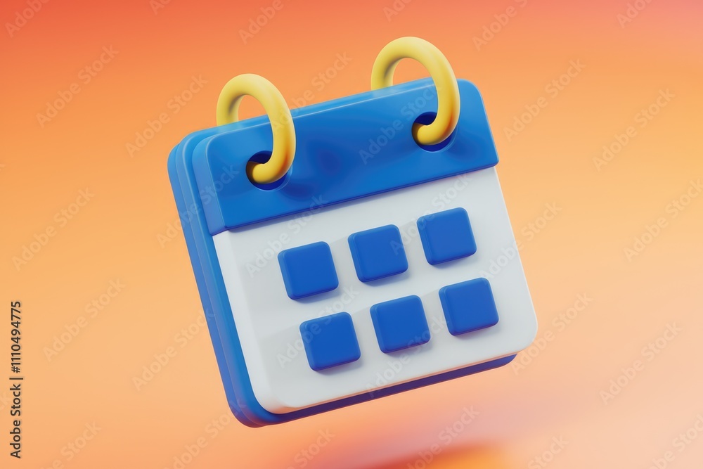 A 3D rendered blue calendar icon with yellow hanging rings symbolizing scheduling and planning. A 3D rendered blue calendar icon with yellow hanging rings symbolizing scheduling and planning.
