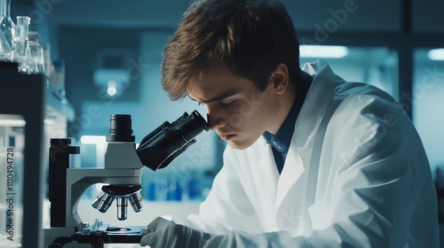 A scientist is using a microscope in a lab.