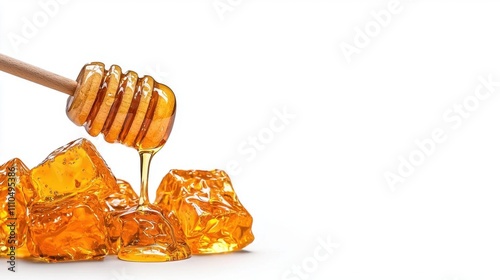 A photostock of fresh honeycomb pieces dripping with golden honey, isolated on a white background, styled for natural food themes. High Quality photo