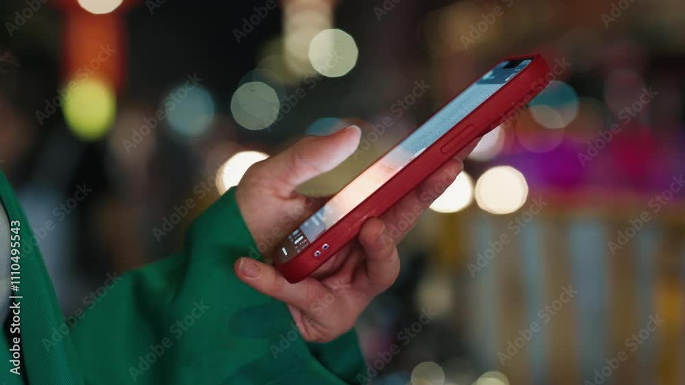 Woman hand touches mobile phone screen scrolling social media in night city closeup. Lady in green attire watches visual content via modern cellphone on evening town street