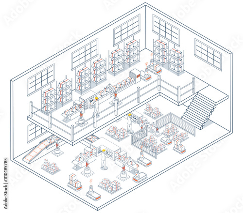 Smart warehouse system leverages AGVs and AMRs to automate operations, optimize inventory management, and enhance operational efficiency through real-time data analytics. Vector illustration EPS 10