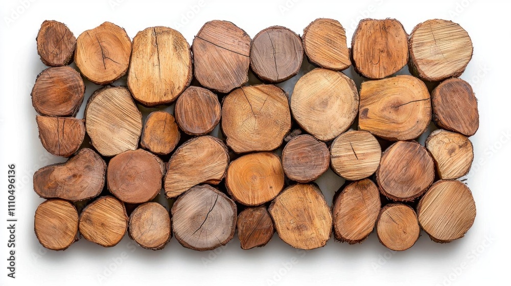 A photostock of freshly stacked firewood logs arranged neatly, isolated on a clean white background, ideal for outdoor or rustic concepts. High Quality