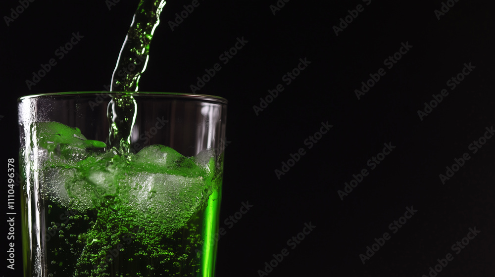 pouring green soda in a glass against a black background with copy space pouring green soda in a glass against a black background with copy space
