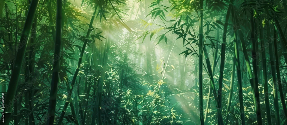Naklejka premium Lush and verdant bamboo forest with bright sunlight filtering through the dense foliage creating a serene and tranquil natural landscape This image evokes a sense of peace renewal