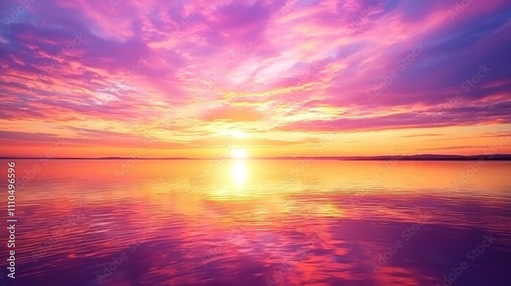 Obraz premium Bright sunrise sky with vivid pink, purple, and gold colors over a calm lake with reflection
