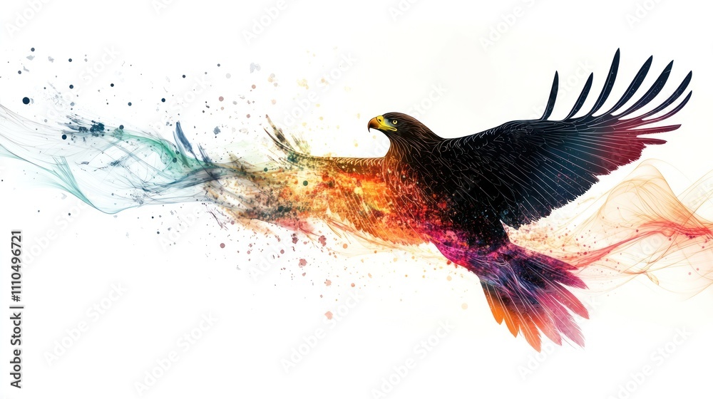 Fototapeta premium The image of an eagle surrounded by a halo of colorful waves is stunning, representing the intersection between nature and scientific exploration.