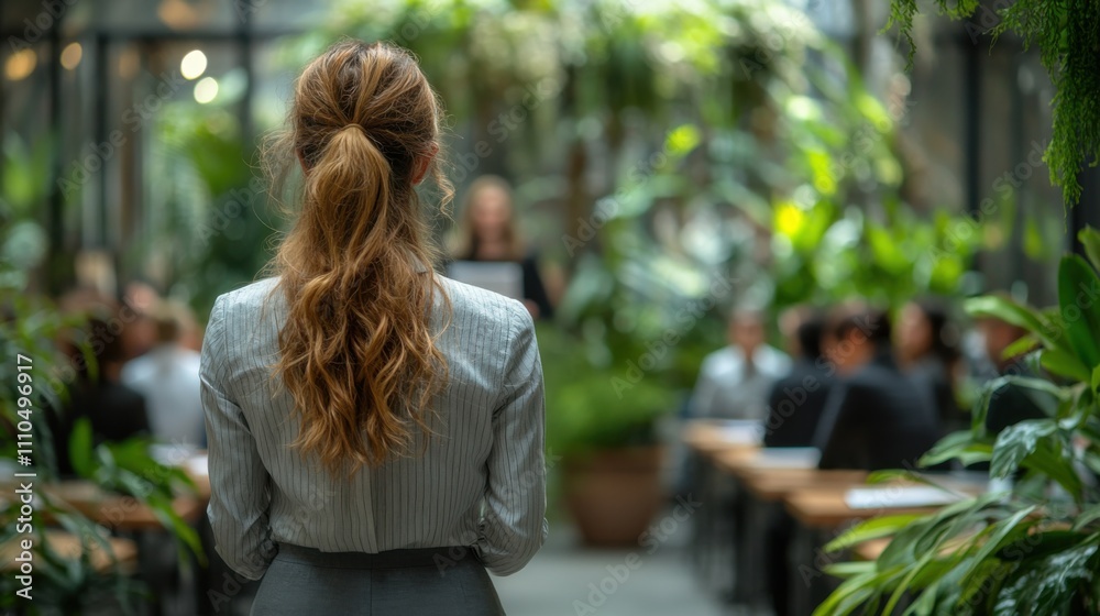 Young woman standing in crowded hall during presentation, academic atmosphere, professional conference event, educational setting, learning audience, inspiring talk, modern interior background. Young woman standing in crowded hall during presentation, academic atmosphere, professional conference event, educational setting, learning audience, inspiring talk, modern interior background.