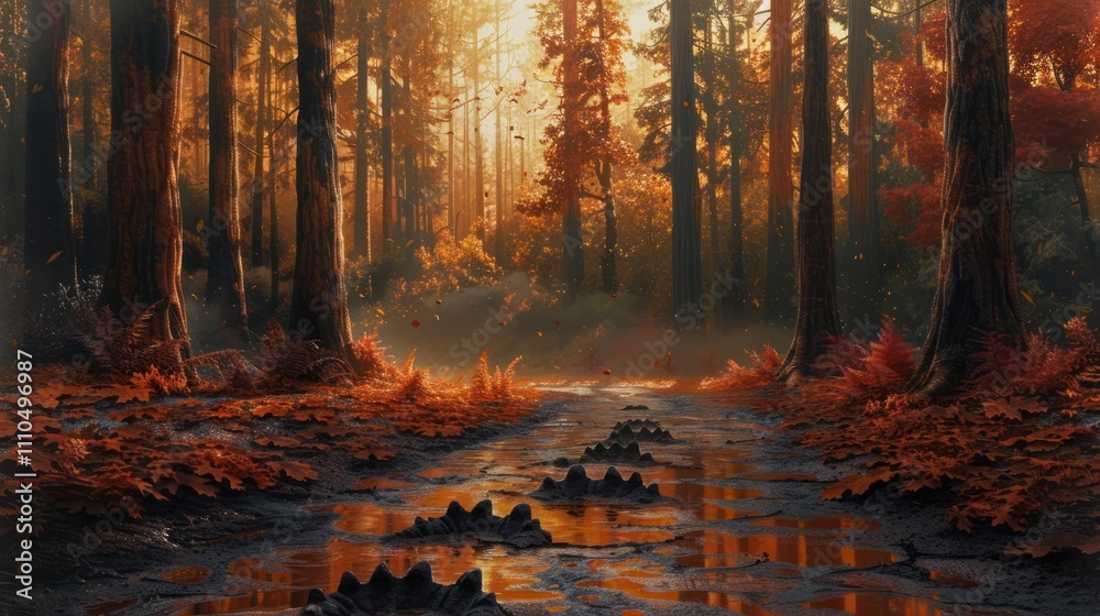 Obraz premium Stunning autumn landscape showcasing a serene stream winding through a lush forest filled with vibrant orange and red foliage The warm sunlight filters through the trees