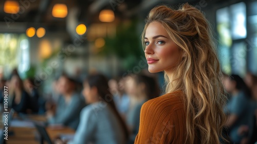 Confident woman looking back at corporate meeting, workplace inspiration, leadership, professional development, motivational environment, collaborative session, bright atmosphere