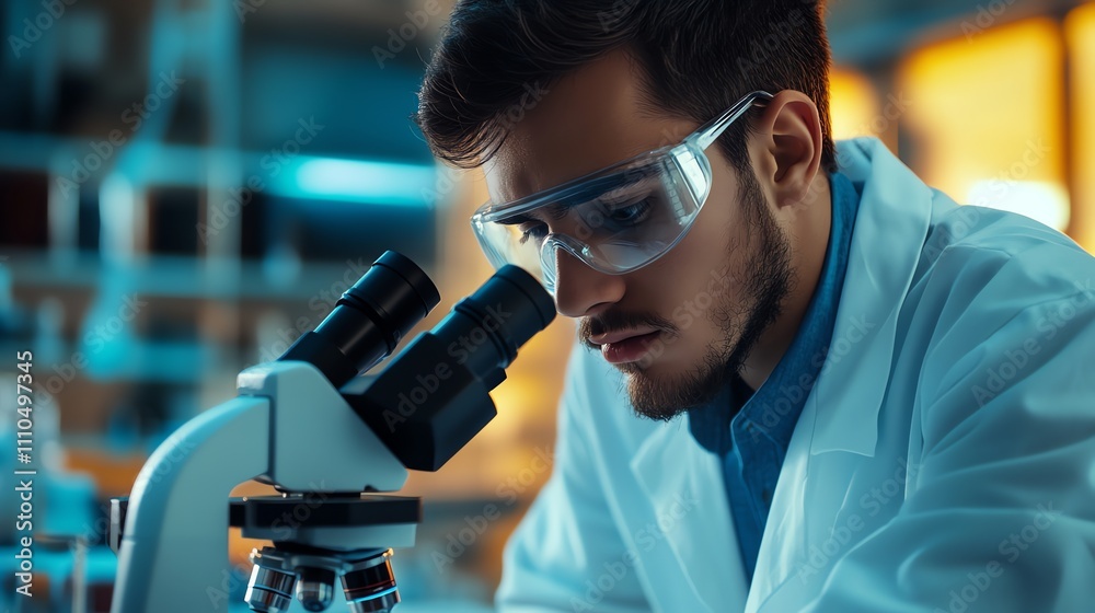 A scientist in a lab coat and safety glasses examines a sample under a microscope. A scientist in a lab coat and safety glasses examines a sample under a microscope.