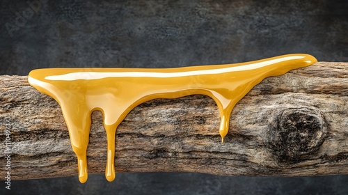 Golden liquid dripping down a weathered wooden log. photo