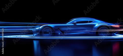 Wallpaper Mural Futuristic blue sports car with light trails, sleek design, dynamic motion, glowing effects, dark background, copy space for text Torontodigital.ca