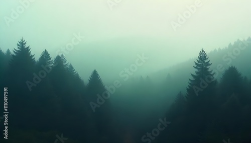 A misty landscape featuring a dense fir forest, captured in a hipster vintage retro style. The scene is characterized by soft, muted tones and a dreamy atmosphere