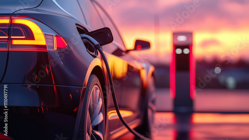 sleek electric car charging at station during sunset, showcasing modern technology