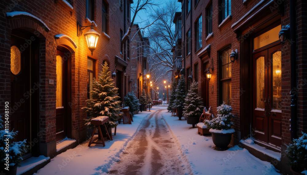 Charming winter alley at dusk with snow and glowing street lamps Charming winter alley at dusk with snow and glowing street lamps