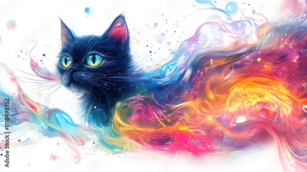Fototapeta cat floating in a surreal space, surrounded by colorful particles and waves, with a white background emphasizing its vibrant features and dynamic movement.