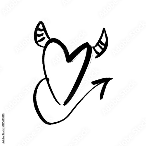 Cute devil heart black grunge brush vector hand drawn symbol with horns and tail illustration clipart horned. Love Valentine symbol. Decor element for logo, label, emblem, poster, postcard, nail