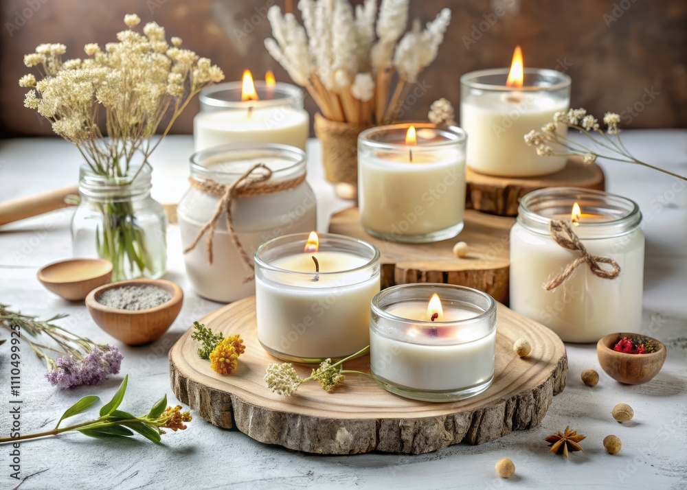 Minimalist Mockup of Ecological Vegan Handmade Soy Wax Candles with Wooden Wick in Container Surrounded by Dried Flowers and Essential Oils for Craft and Decor Minimalist Mockup of Ecological Vegan Handmade Soy Wax Candles with Wooden Wick in Container Surrounded by Dried Flowers and Essential Oils for Craft and Decor