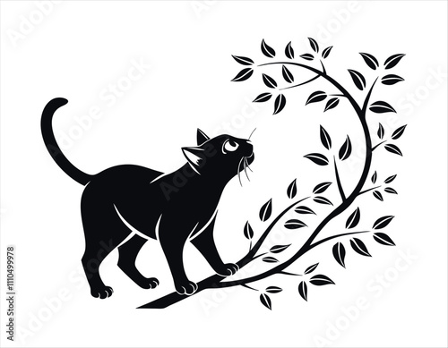 Photography black cat climbing a branch silhouette illustration
