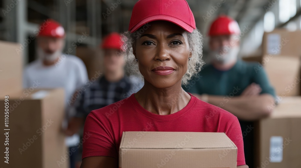 Confident woman in red with a cardboard box, backed by a group in similar attire, symbolizing teamwork and charity dedication. Confident woman in red with a cardboard box, backed by a group in similar attire, symbolizing teamwork and charity dedication.