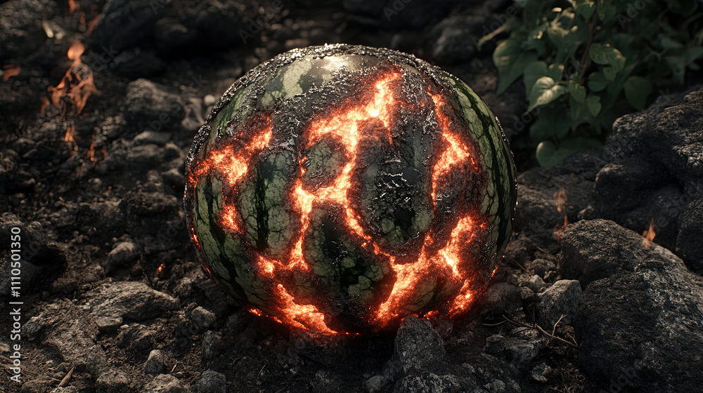 A Fiery Watermelon Emerges Amid Rocky Terrain, Showcasing a Surreal Blend of Nature and Heat in a Captivating Landscape A Fiery Watermelon Emerges Amid Rocky Terrain, Showcasing a Surreal Blend of Nature and Heat in a Captivating Landscape