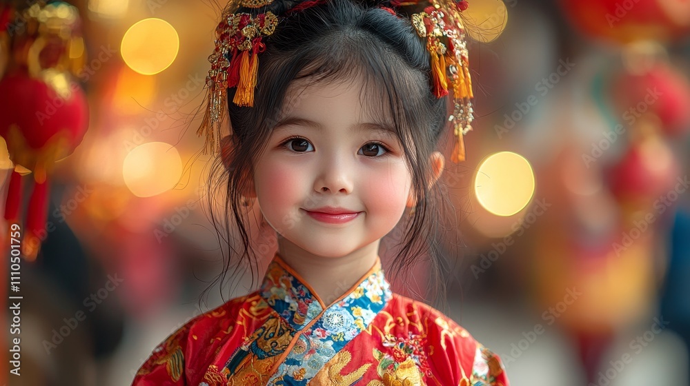 Joyful girl in traditional festive attire with vibrant background lights Joyful girl in traditional festive attire with vibrant background lights