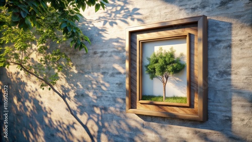 Mockup Picture Frame Hanging on an Outdoor Wall with Tree Shadows Creating a Beautiful Visual Effect - Ideal for Home Decor and Interior Design Inspiration photo