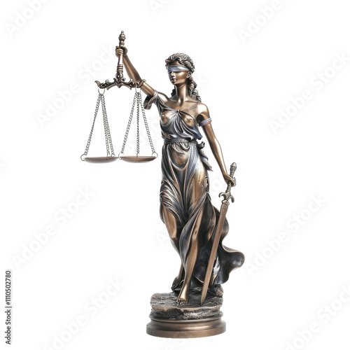 Bronze lady justice statue holding scales and sword, symbol of fairness isolated on transparent or white background