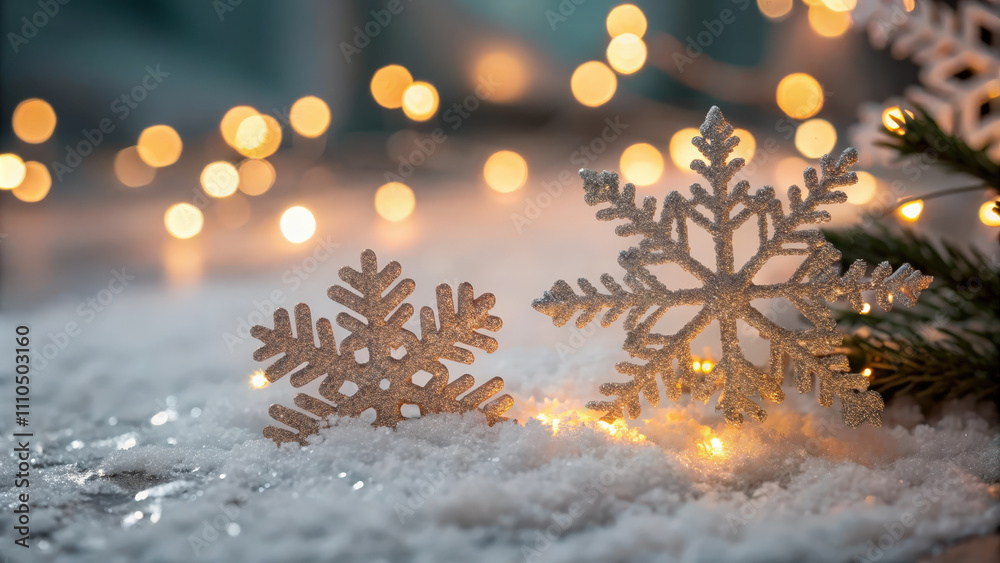 Abstract close-up of glittering snowflakes and festive bokeh, magical holiday atmosphere, Christmas lights, New Year sparkle Abstract close-up of glittering snowflakes and festive bokeh, magical holiday atmosphere, Christmas lights, New Year sparkle