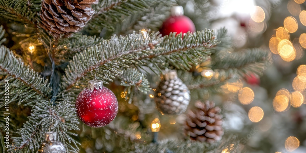 Close-up of a Christmas tree decorated with red baubles and frosted pinecones Close-up of a Christmas tree decorated with red baubles and frosted pinecones
