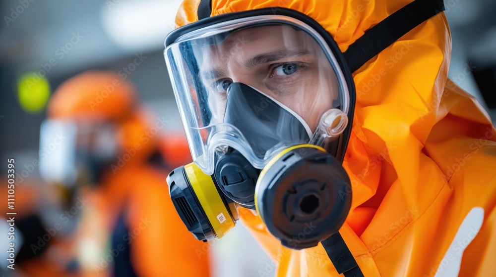 A person in an orange protective suit and mask stands focused, ready for action in a hazardous environment, emphasizing safety and preparedness. A person in an orange protective suit and mask stands focused, ready for action in a hazardous environment, emphasizing safety and preparedness.