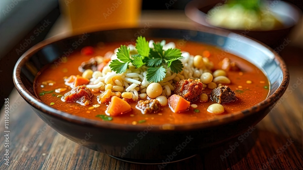 Mexican pozole with hominy and pork, holiday decor, festive mood Mexican pozole with hominy and pork, holiday decor, festive mood