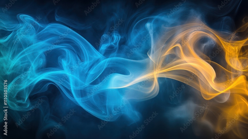 Fototapeta premium A cloud of thick blue and yellow smoke collides in the center, blending together