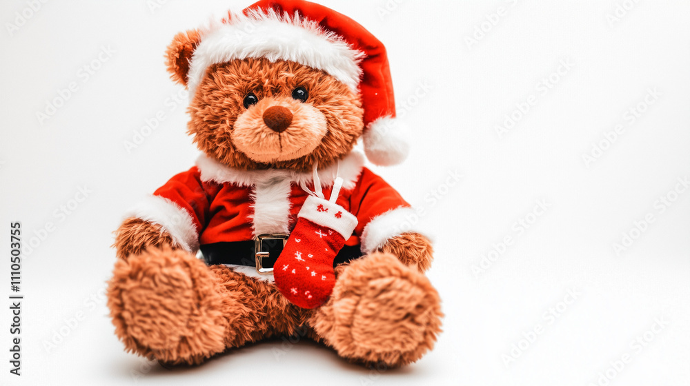 A cute bear dressed as Santa Claus, holding a gift box, against a solid red background, in Christmas season, Generative AI A cute bear dressed as Santa Claus, holding a gift box, against a solid red background, in Christmas season, Generative AI