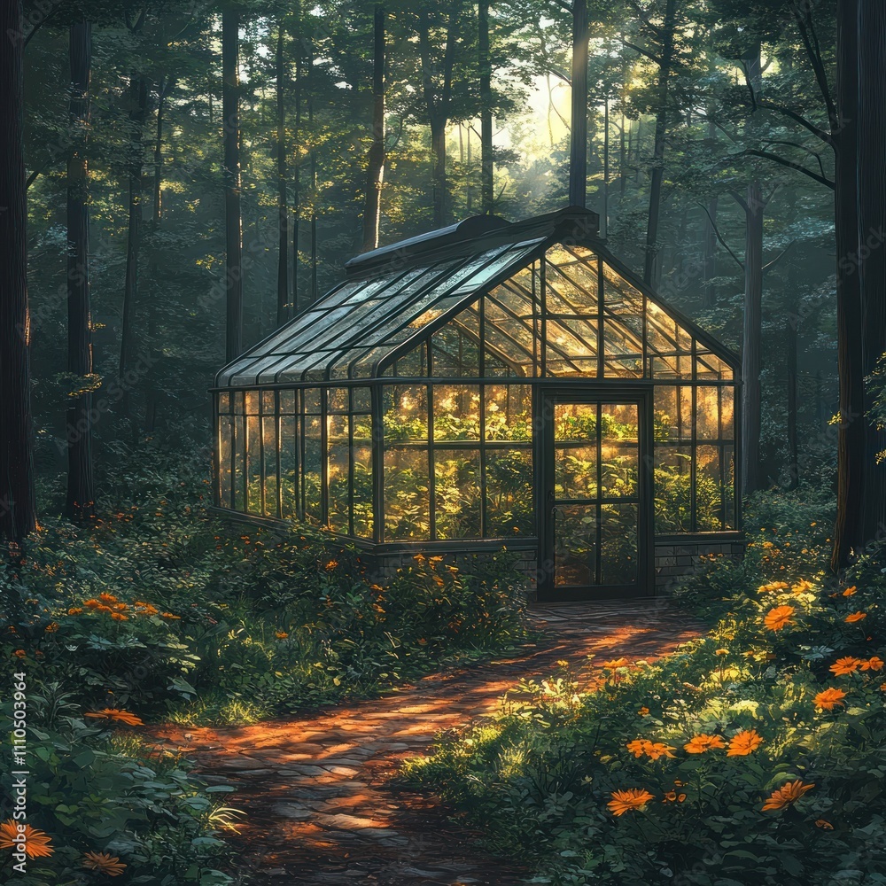 A serene greenhouse nestled in a forest, illuminated by sunlight, surrounded by vibrant flora. A serene greenhouse nestled in a forest, illuminated by sunlight, surrounded by vibrant flora.