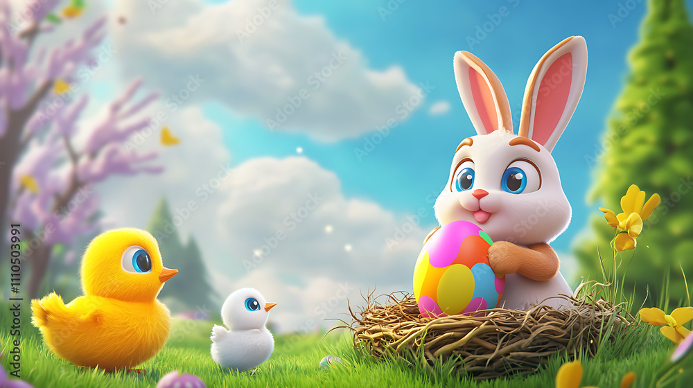 Cartoon Easter Bunny Holding a Colorful Egg with Chick and Nest in a 3D Game Art Scene Cartoon Easter Bunny Holding a Colorful Egg with Chick and Nest in a 3D Game Art Scene